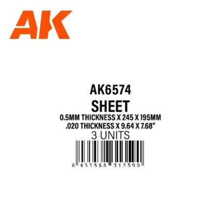 AK - Matériau de modélisme : 0.5mmthickness x 245 x 195 mm - Styrene Sheet