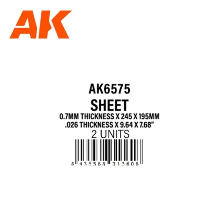 AK - Matériau de modélisme : 0.7mmthickness x 245 x 195 mm - Styrene Sheet
