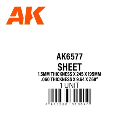 AK - Matériau de modélisme : 1.5mmthickness x 245 x 195 mm - Styrene Sheet