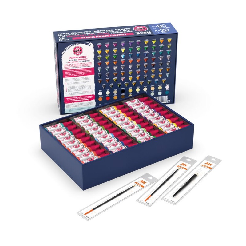  AK - Set de peintures Quick Gen : Quick Paint Combo - 100 Colors (80 + 20 + 3 Free Brushes + 1 Medium 18 ml)