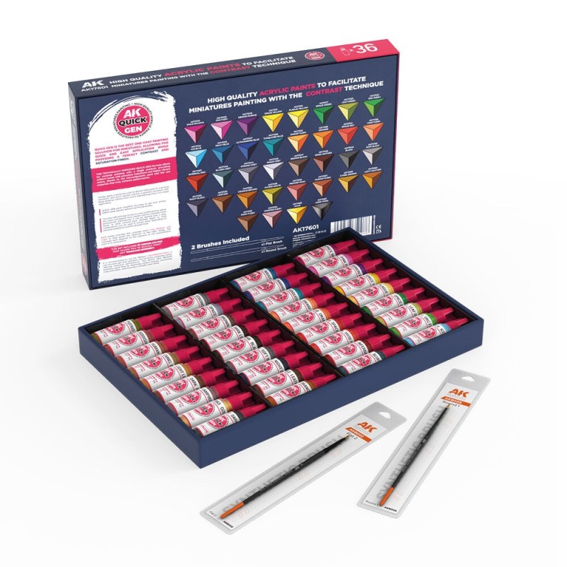  AK - Set de peintures Quick Gen : Quick Paint - 36 Colors (+2 Free Brushes)