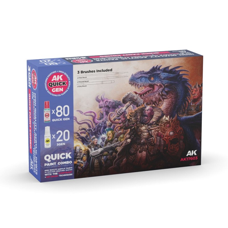 AK - Set de peintures Quick Gen : Quick Paint Combo - 100 Colors (80 + 20 + 3 Free Brushes + 1 Medium 18 ml)