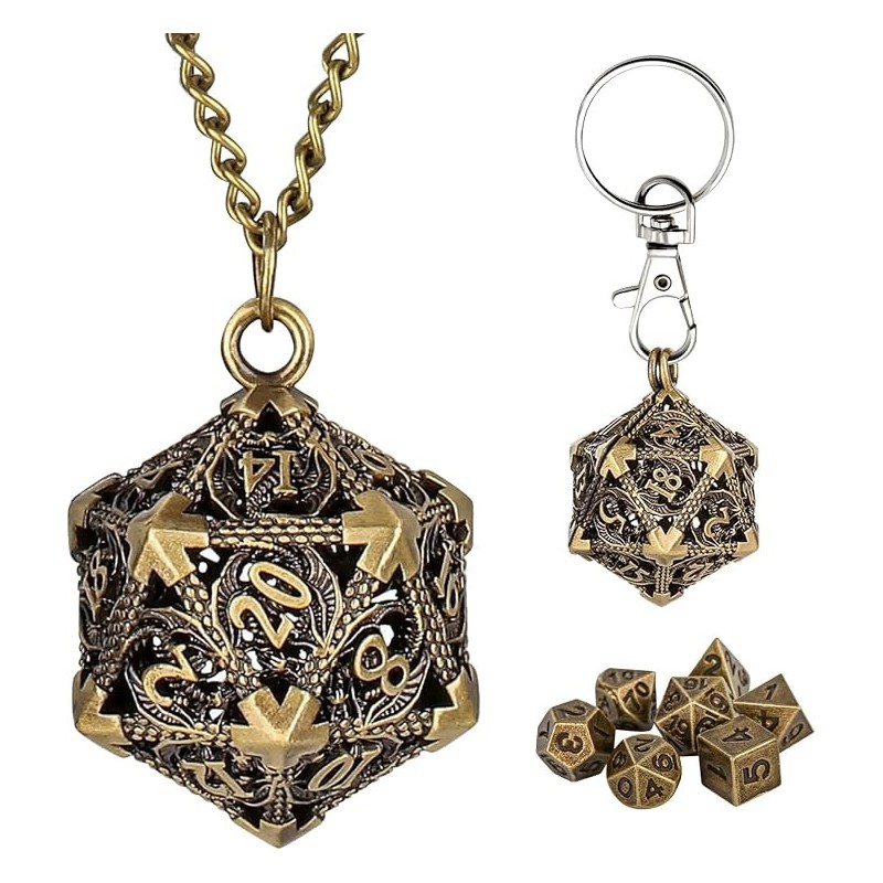 Porte clé D20 Bronze Brillant - 7 mini dés à l'intérieur