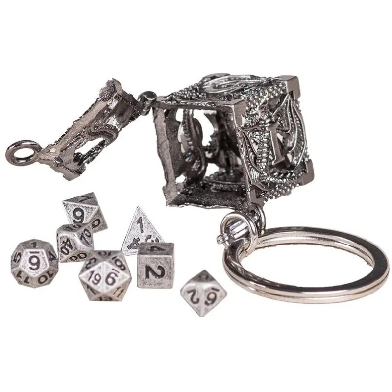 Porte clé D6 Argent - 7 mini dés à l'intérieur