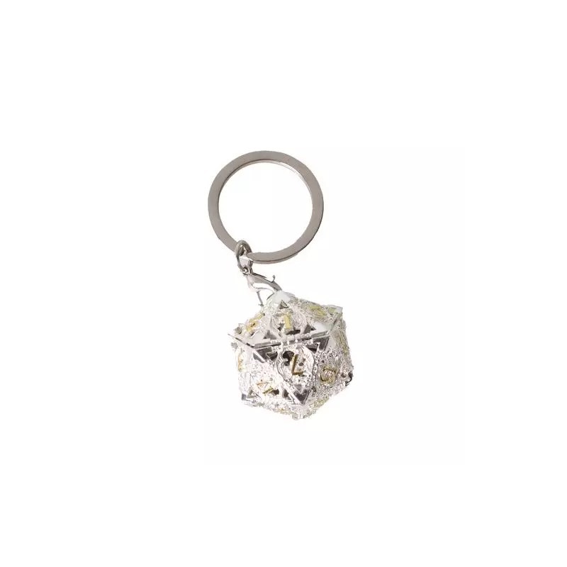 Porte clé D20 Argent Brillant - 7 mini dés à l'intérieur