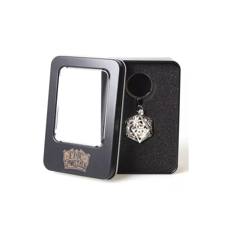 Porte clé D20 Argent Brillant - 7 mini dés à l'intérieur