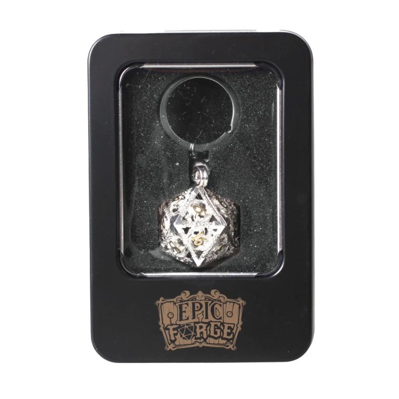 Porte clé D20 Argent Brillant - 7 mini dés à l'intérieur